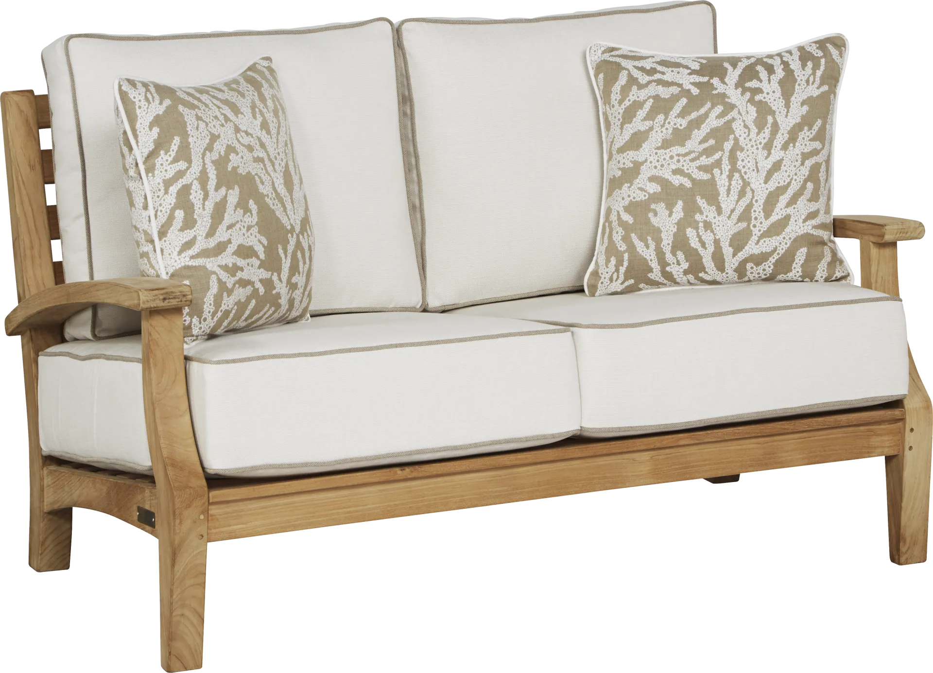 Pleasant Bay Teak Outdoor Loveseat with White Sand Cushions - Image 1