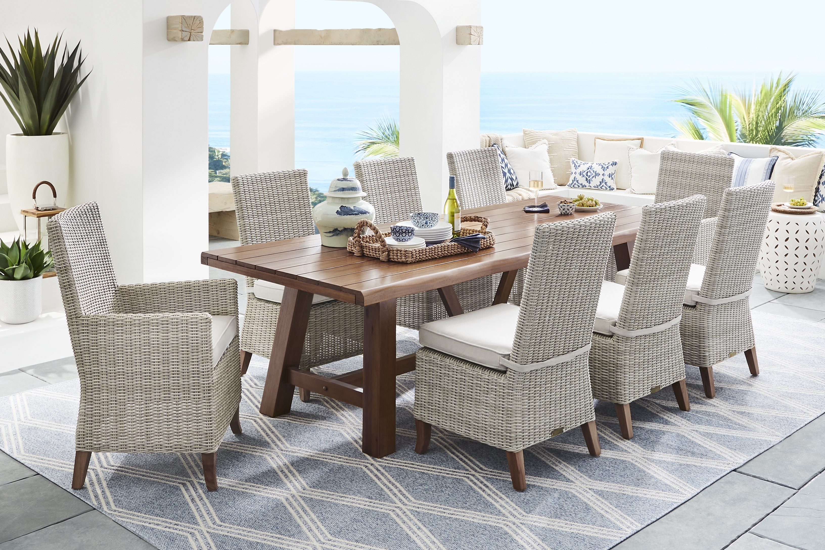 Patmos Tan 7 Pc 102 in. Rectangle Outdoor Dining Set With Linen Cushions - Thumbnail - Image 1