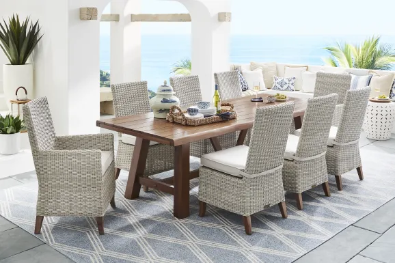 Patmos Tan 7 Pc 102 in. Rectangle Outdoor Dining Set With Linen Cushions