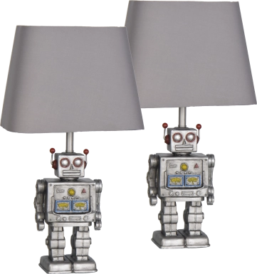 Kids Funny Robot Silver Lamps, Set of 2