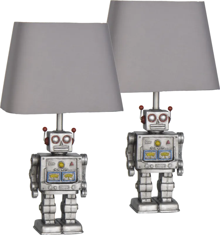 Kids Funny Robot Silver Lamps, Set of 2