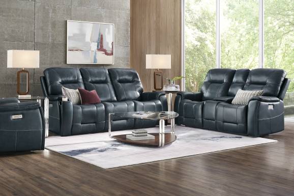 Matthews Cove Blue Leather Triple Power Reclining Sofa