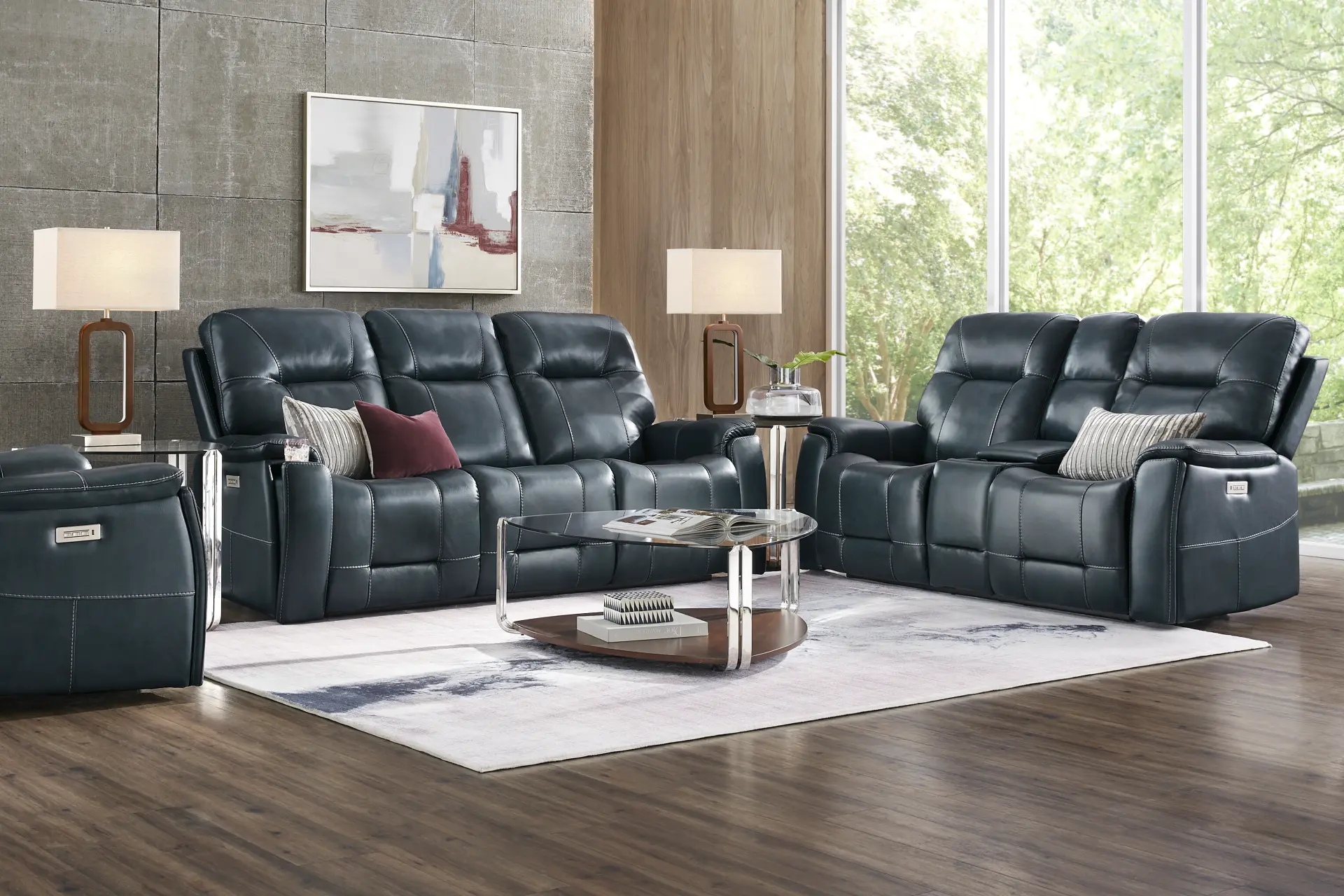 Matthews Cove Blue Leather 5 Pc Triple Power Reclining Living Room