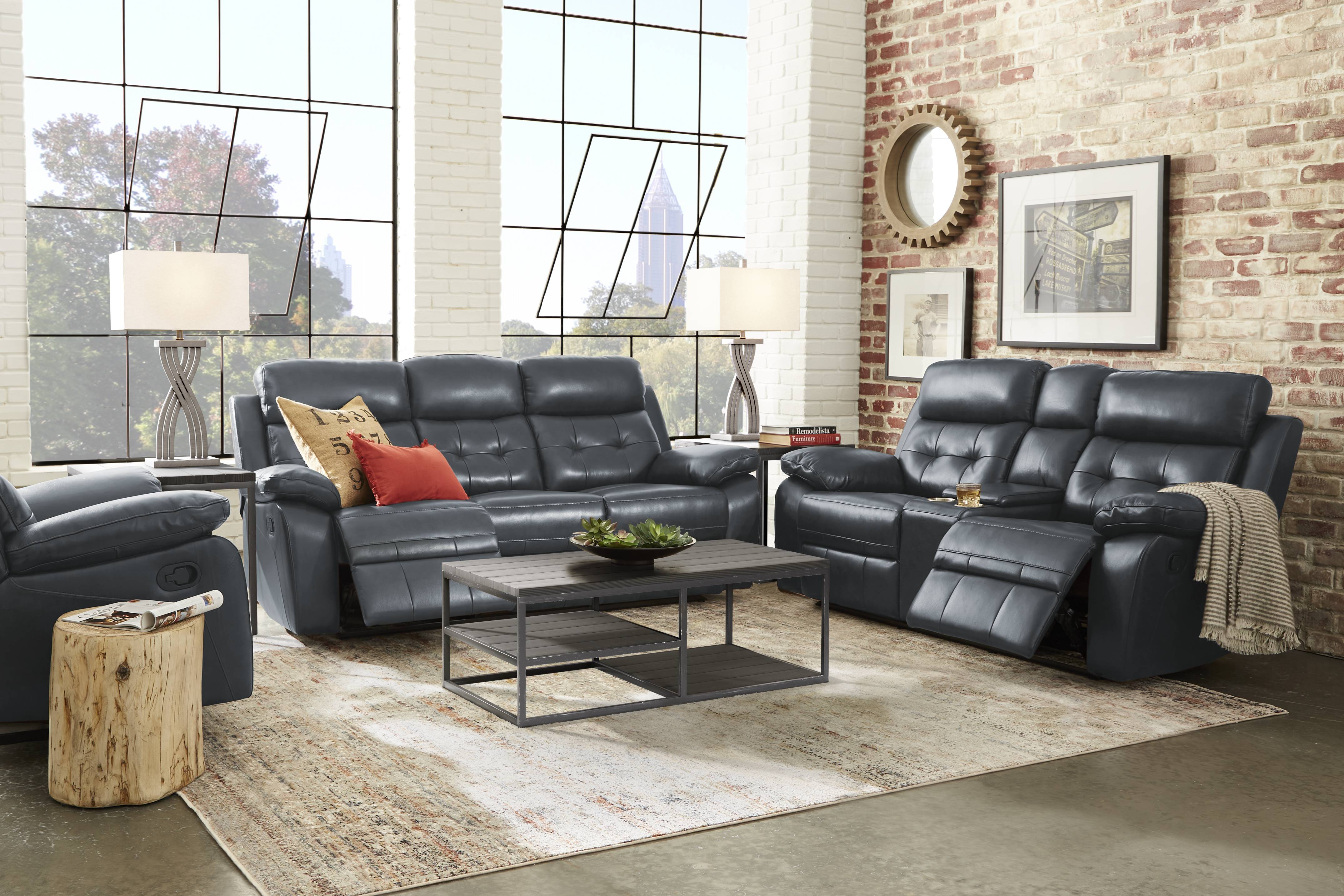 Antonin Blue Leather Reclining Console Loveseat