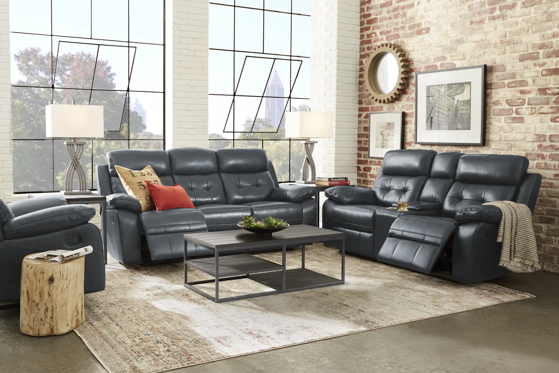 Antonin Blue Leather 7 Pc Reclining Living Room - Image 1
