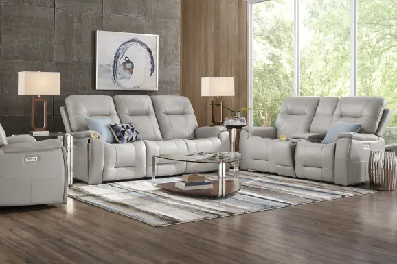 Matthews Cove Dove Gray Leather Triple Power Reclining Sofa