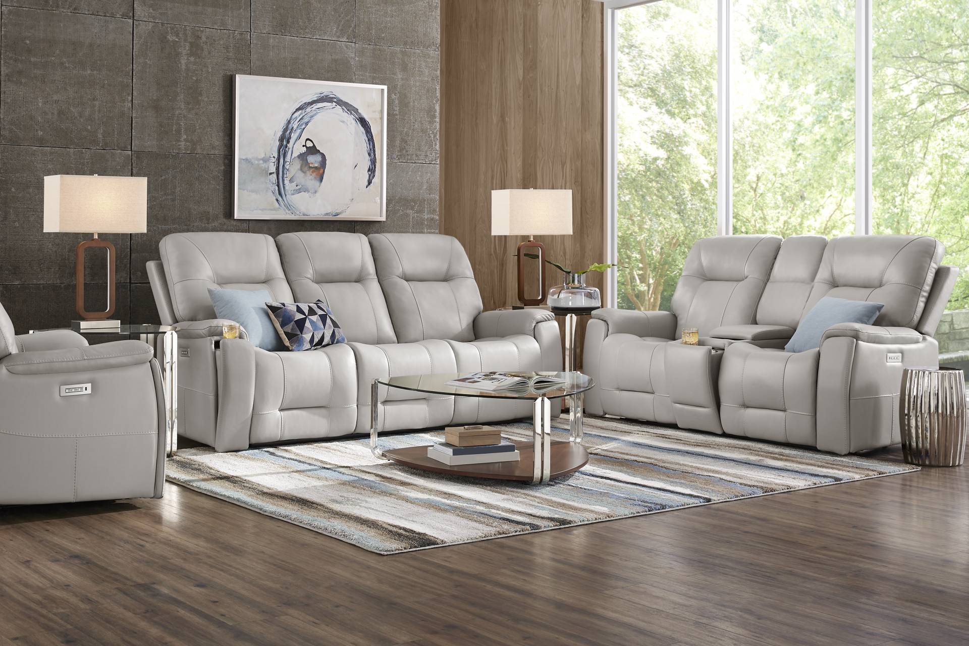 Matthews Cove Dove Gray Leather 2 Pc Triple Power Reclining Living Room full room