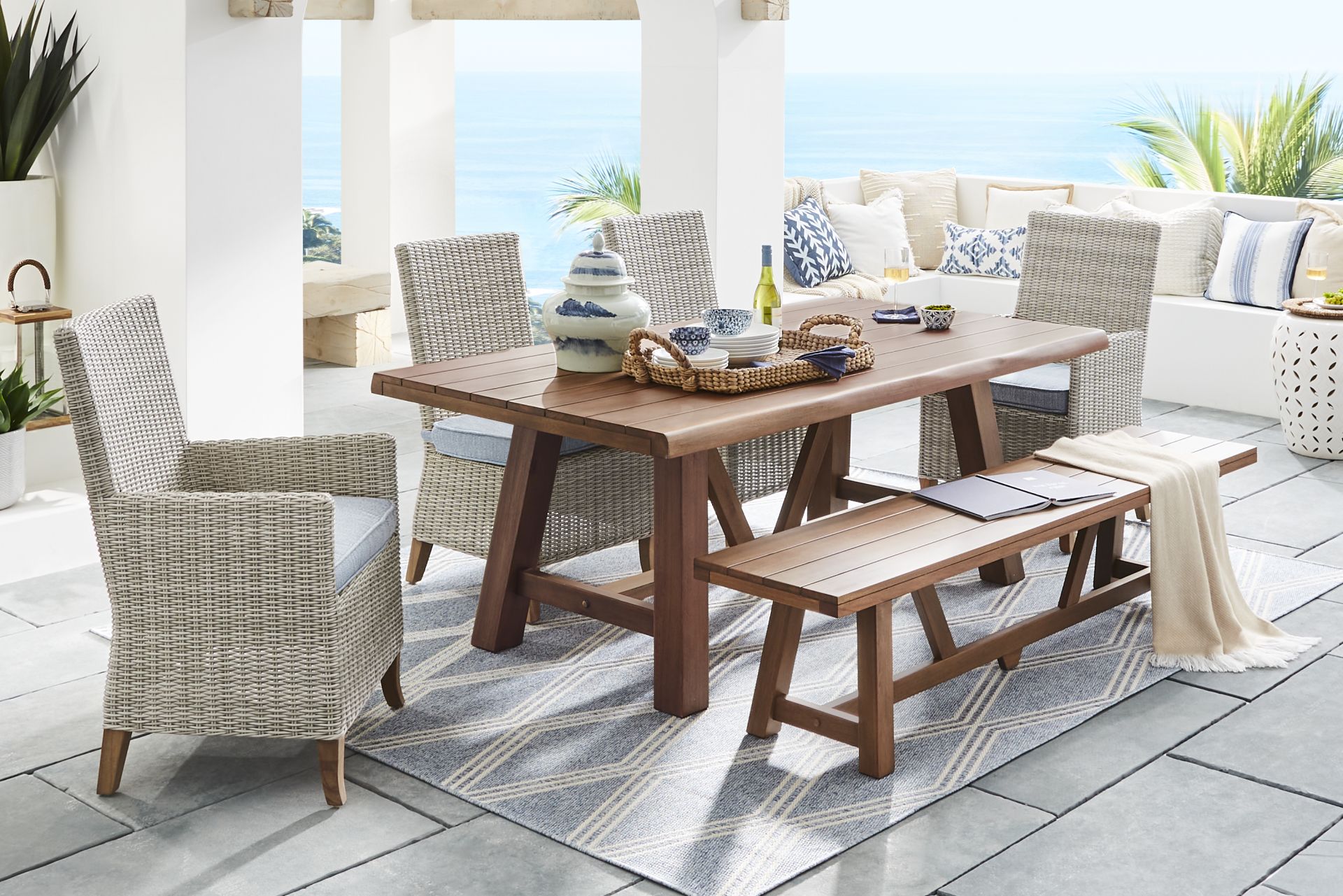 Patmos Tan 6 Pc 78 in. Rectangle Outdoor Dining Set With Steel Cushions - Image 1