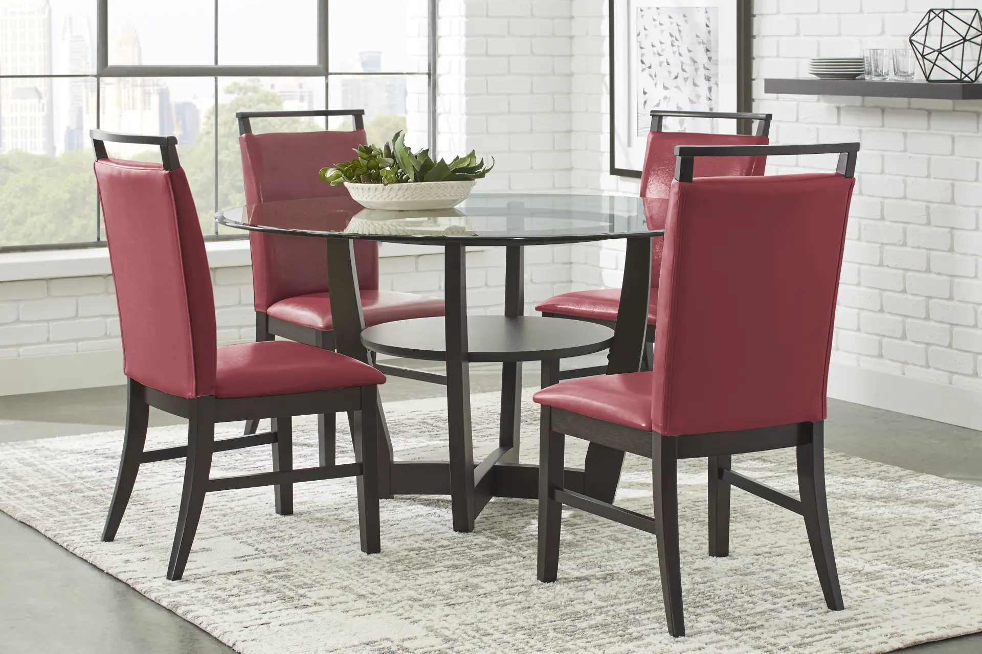 Ciara Espresso 5 Pc 48" Round Dining Set with Red Chairs