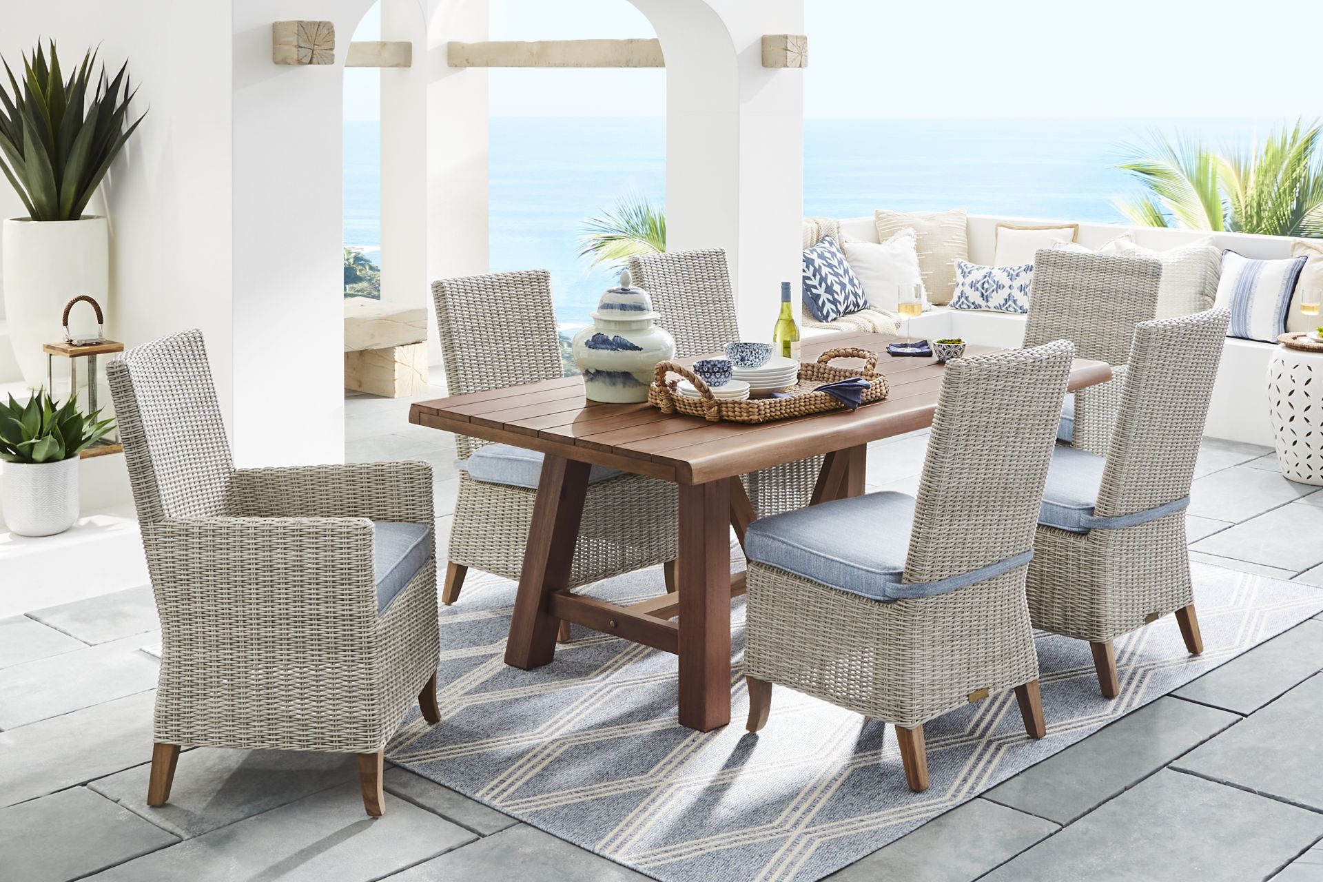 Patmos Tan 5 Pc 78 in. Rectangle Outdoor Dining Set With Steel Cushions - Image 1