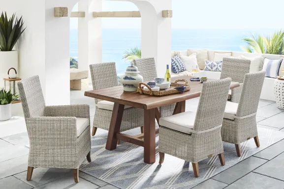 Patmos Tan 7 Pc 78 in. Rectangle Outdoor Dining Set With Linen Cushions