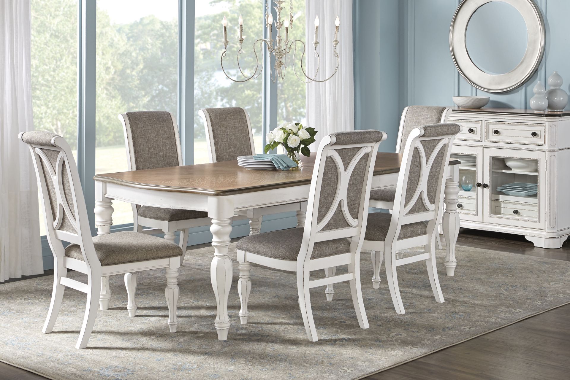 French Market White 5 Pc Rectangle Dining Room with Upholstered Chairs - Image 1