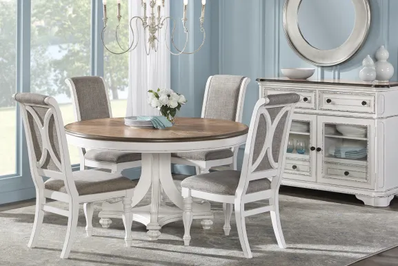 French Market White 5 Pc Round Dining Room with Upholstered Chairs