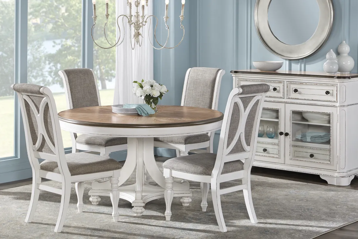 French Market White 5 Pc Round Dining Room with Upholstered Chairs