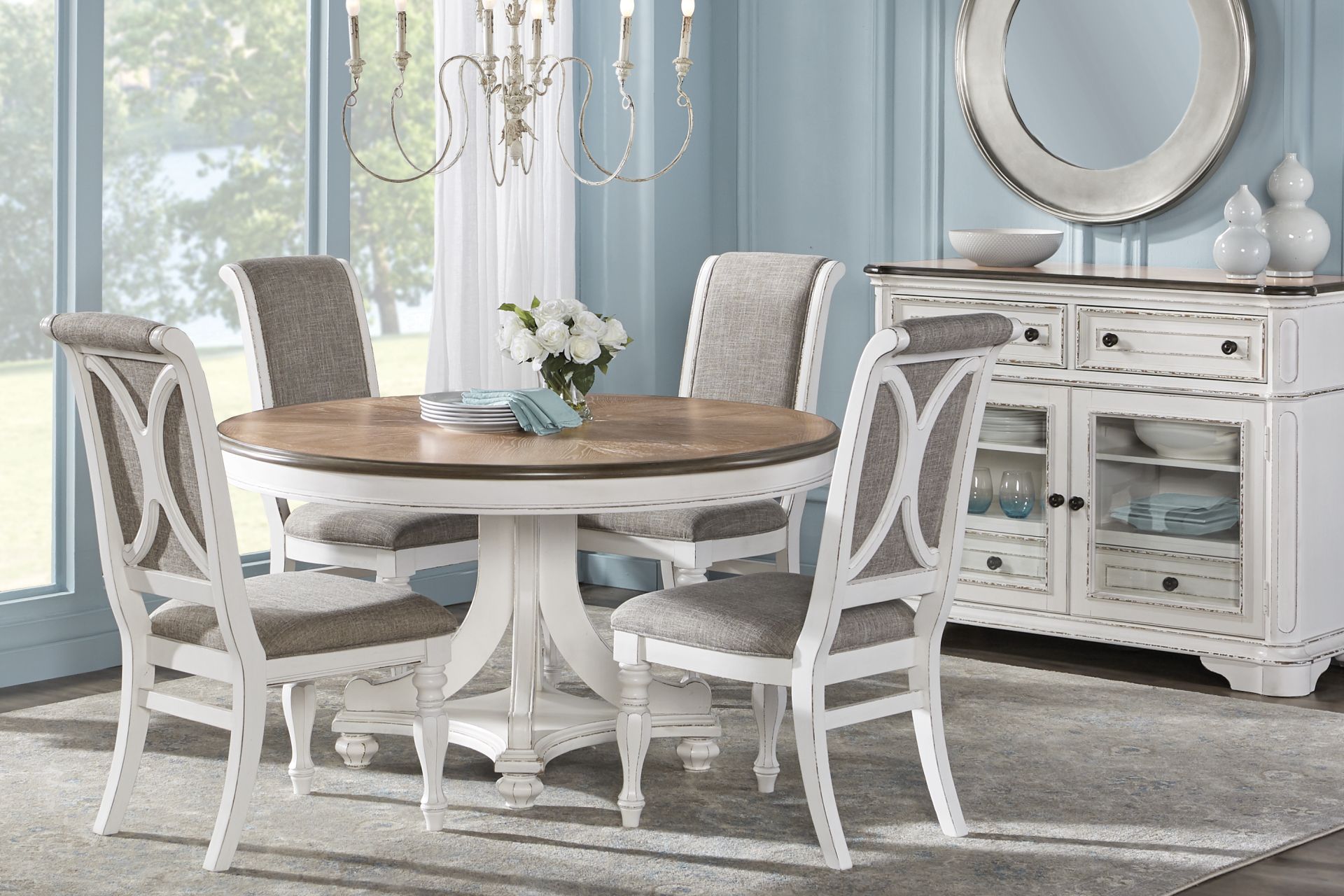 French Market White 5 Pc Round Dining Room with Upholstered Chairs - Image 1