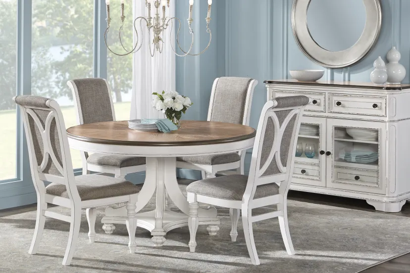 French Market White 5 Pc Round Dining Room with Upholstered Chairs
