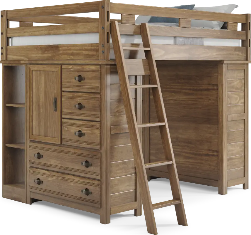 Kids Creekside 2.0 Chestnut Full Loft with 2 Loft Chests and 2 Bookcases