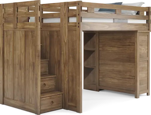 Kids Creekside 2.0 Chestnut Full Step Loft with Loft Chest and Bookcase