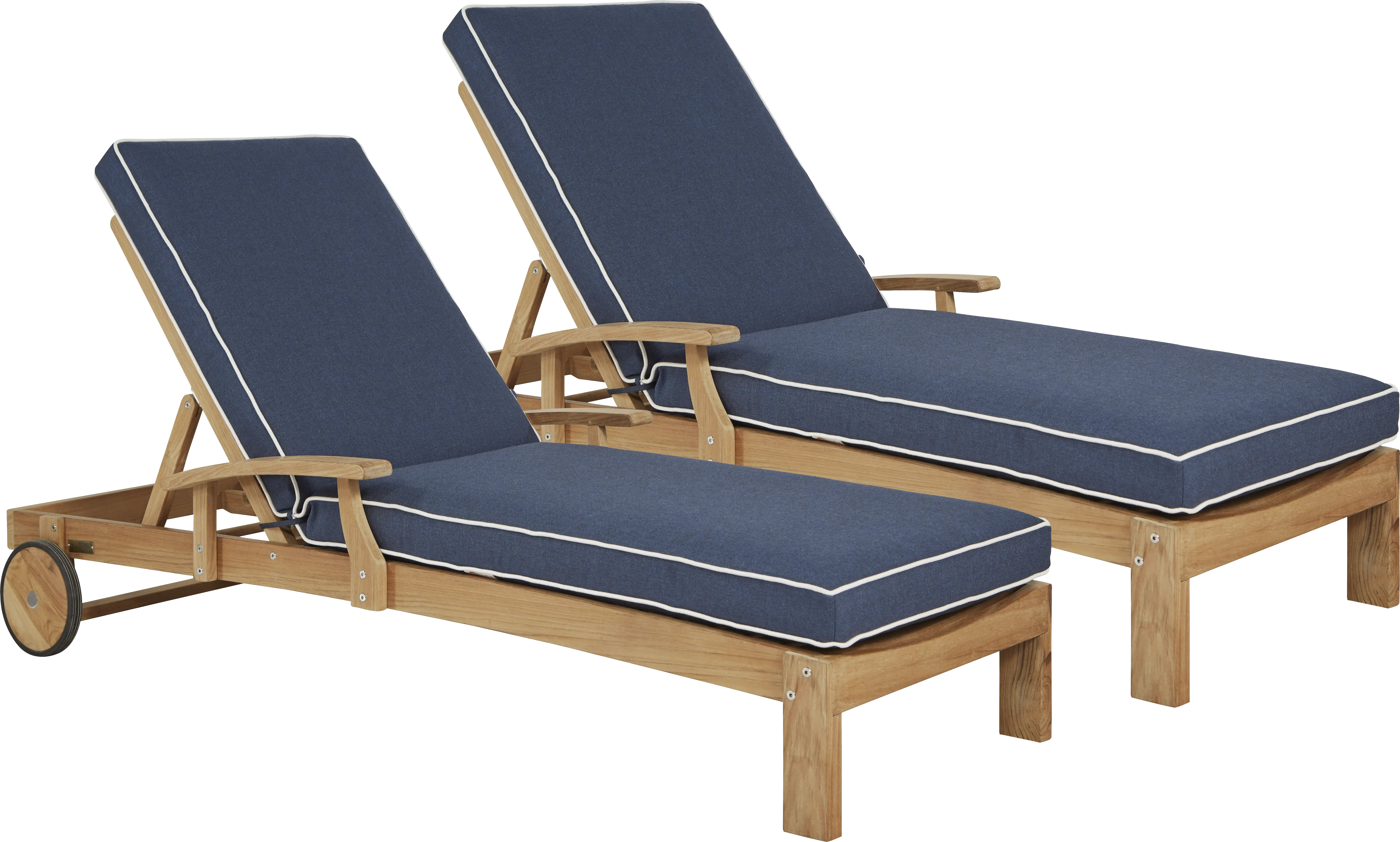 Pleasant Bay Teak Outdoor Chaise with Indigo Cushions, Set of 2 - Thumbnail - Image 1