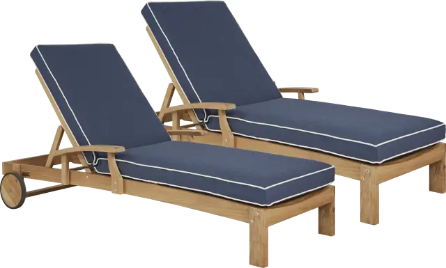Pleasant Bay Teak Outdoor Chaise with Indigo Cushions, Set of 2