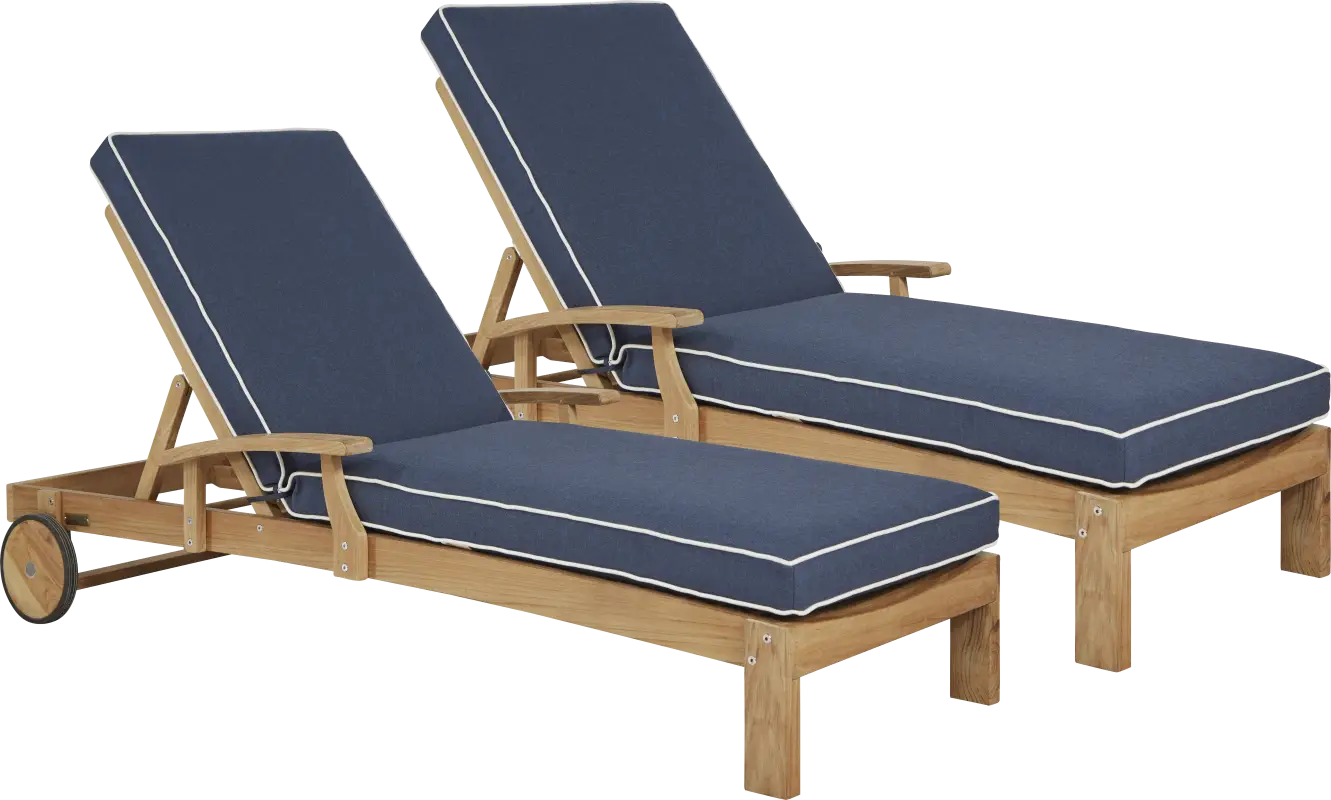 Pleasant Bay Teak Outdoor Chaise with Indigo Cushions, Set of 2