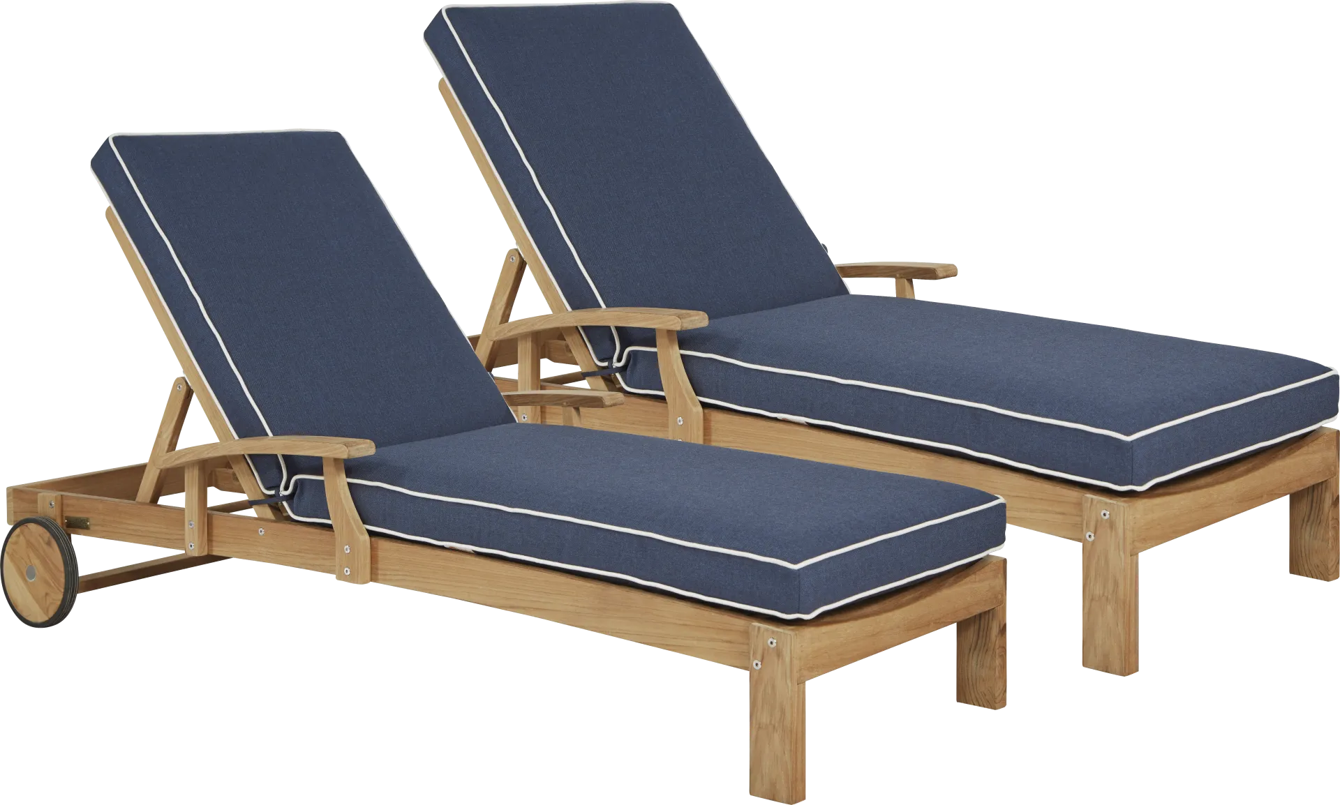 Pleasant Bay Teak Outdoor Chaise with Indigo Cushions, Set of 2 - Image 1