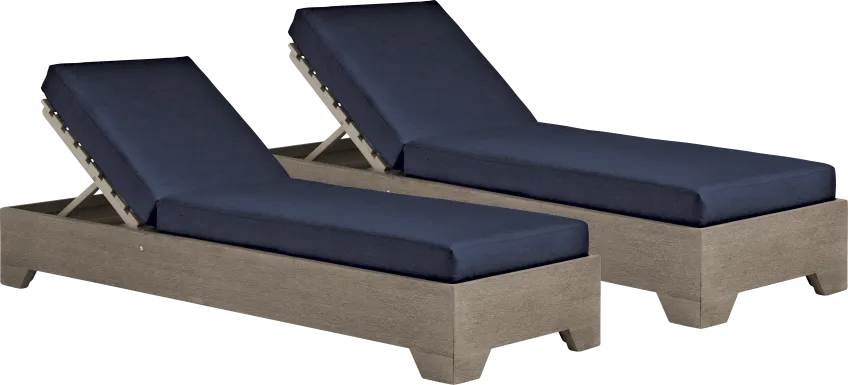 Lake Tahoe Gray Outdoor Chaise with Indigo Cushions, Set of 2