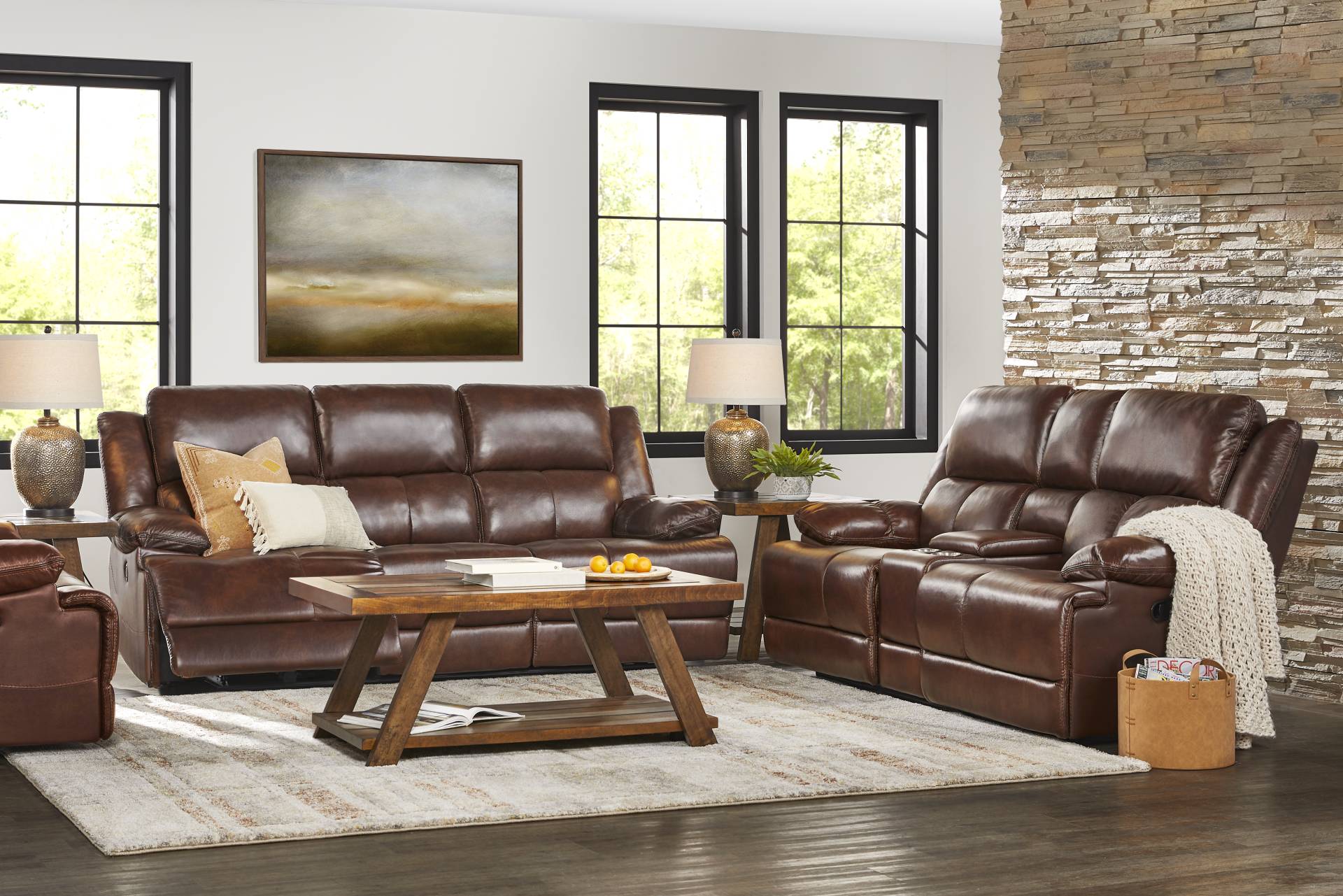Montefano Brown Leather 5 Pc Reclining Living Room full room