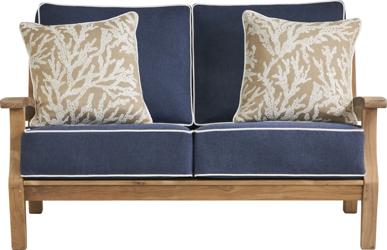 Pleasant Bay Teak Outdoor Loveseat with Indigo Cushions