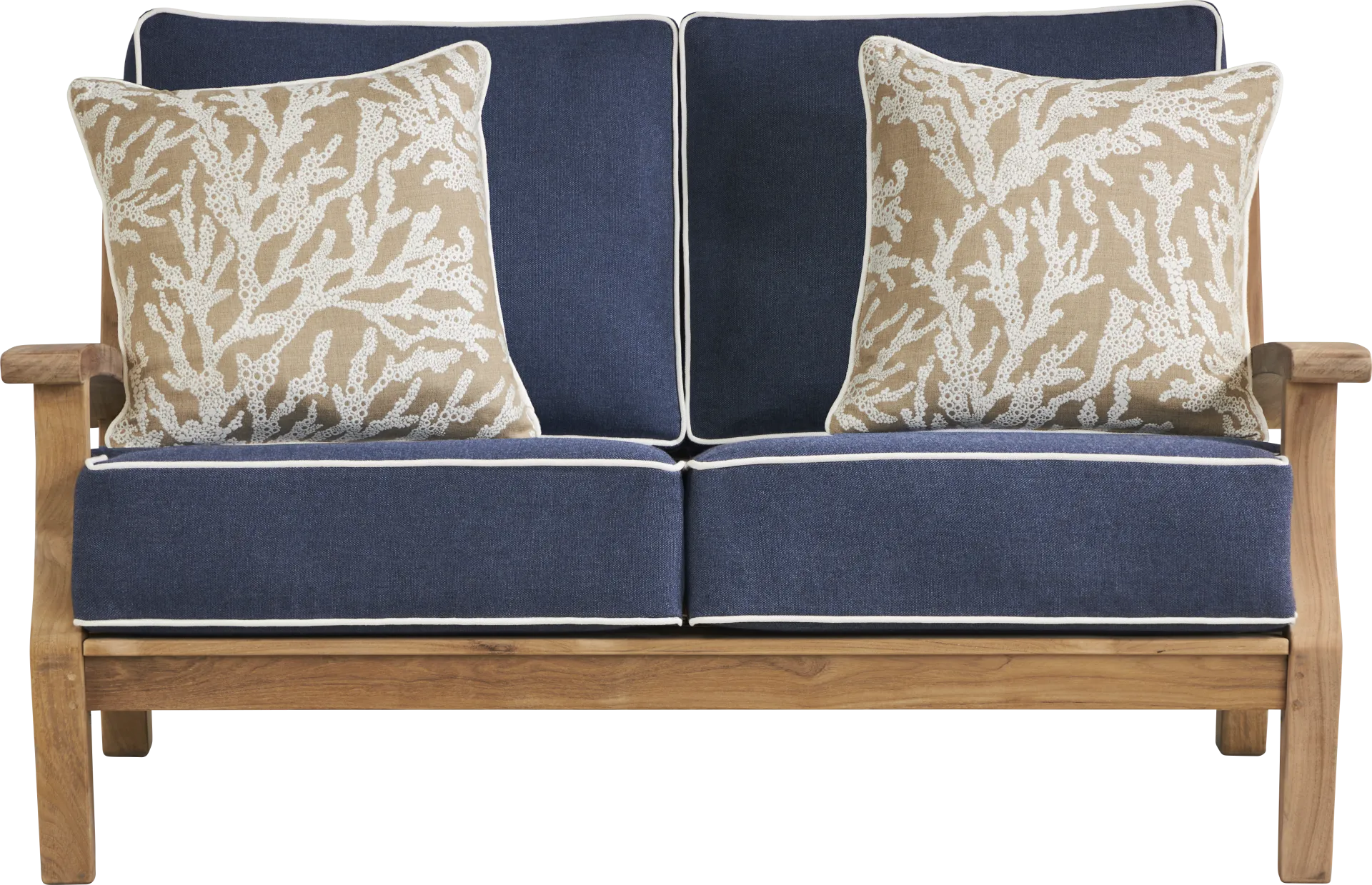 Pleasant Bay Teak Outdoor Loveseat with Indigo Cushions - Image 1
