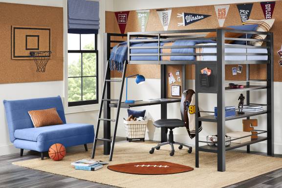 Kids Colefax Avenue Dark Gray Full Loft Bed with Desk and Bookcase