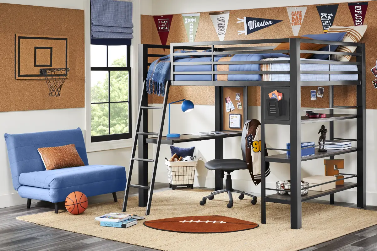 Kids Colefax Avenue Dark Gray Full Loft Bed with Desk and Bookcase