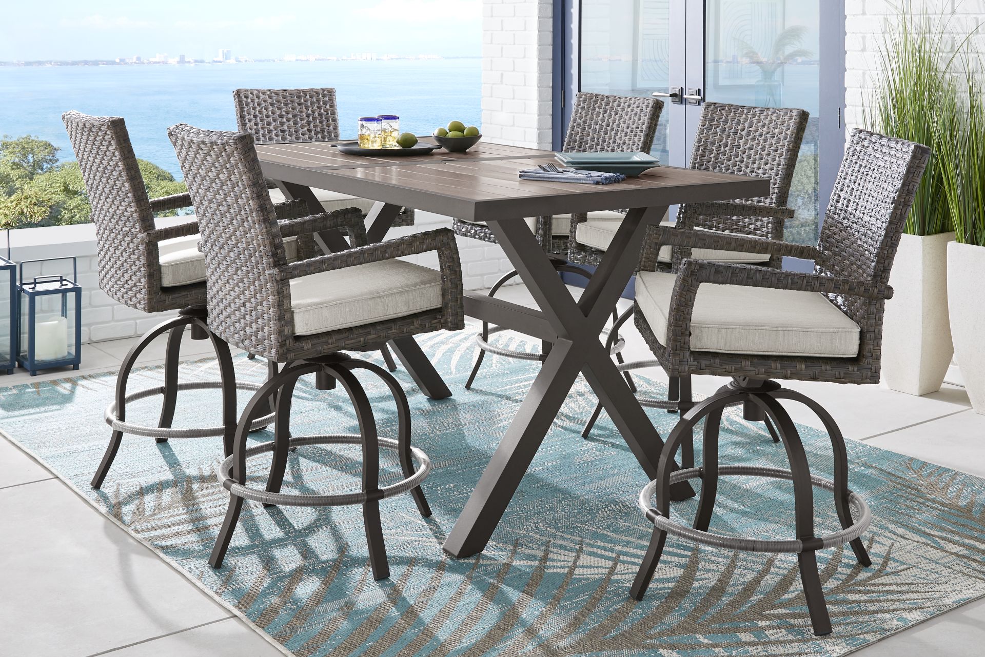 Rialto Brown 7 Pc Rectangle Outdoor Bar Height Dining Set with Putty Cushions - Image 1