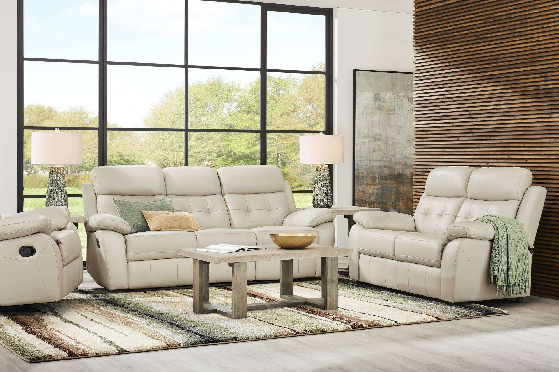 Antonin Beige Leather 3 Pc Living Room with Reclining Sofa full room