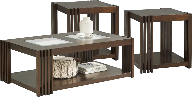 Camellia Brown Cherry Finish 3 Pc Rectangle Table Set