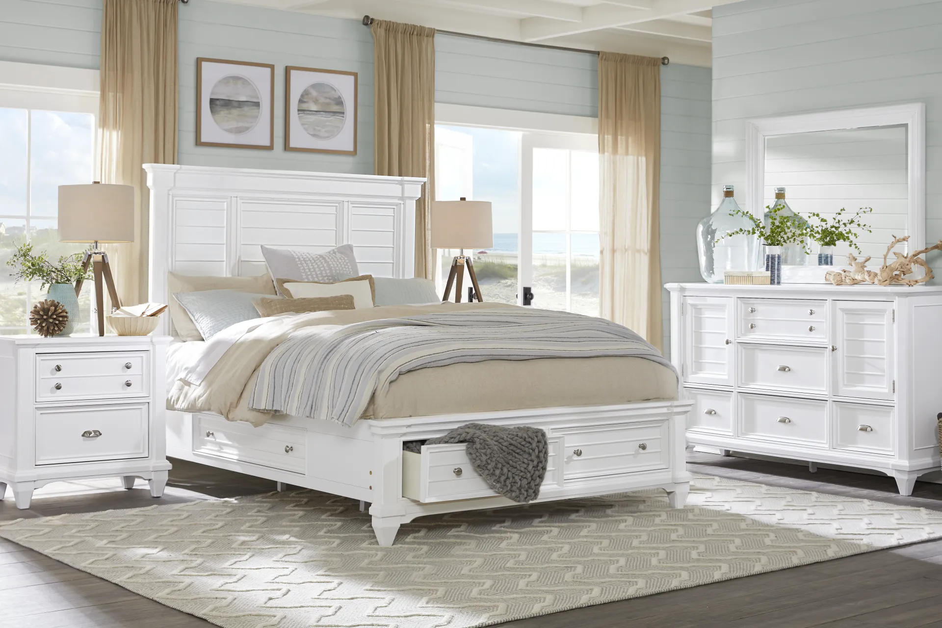 Hilton Head White 3 Pc Queen Panel Bed with Storage - Image 1