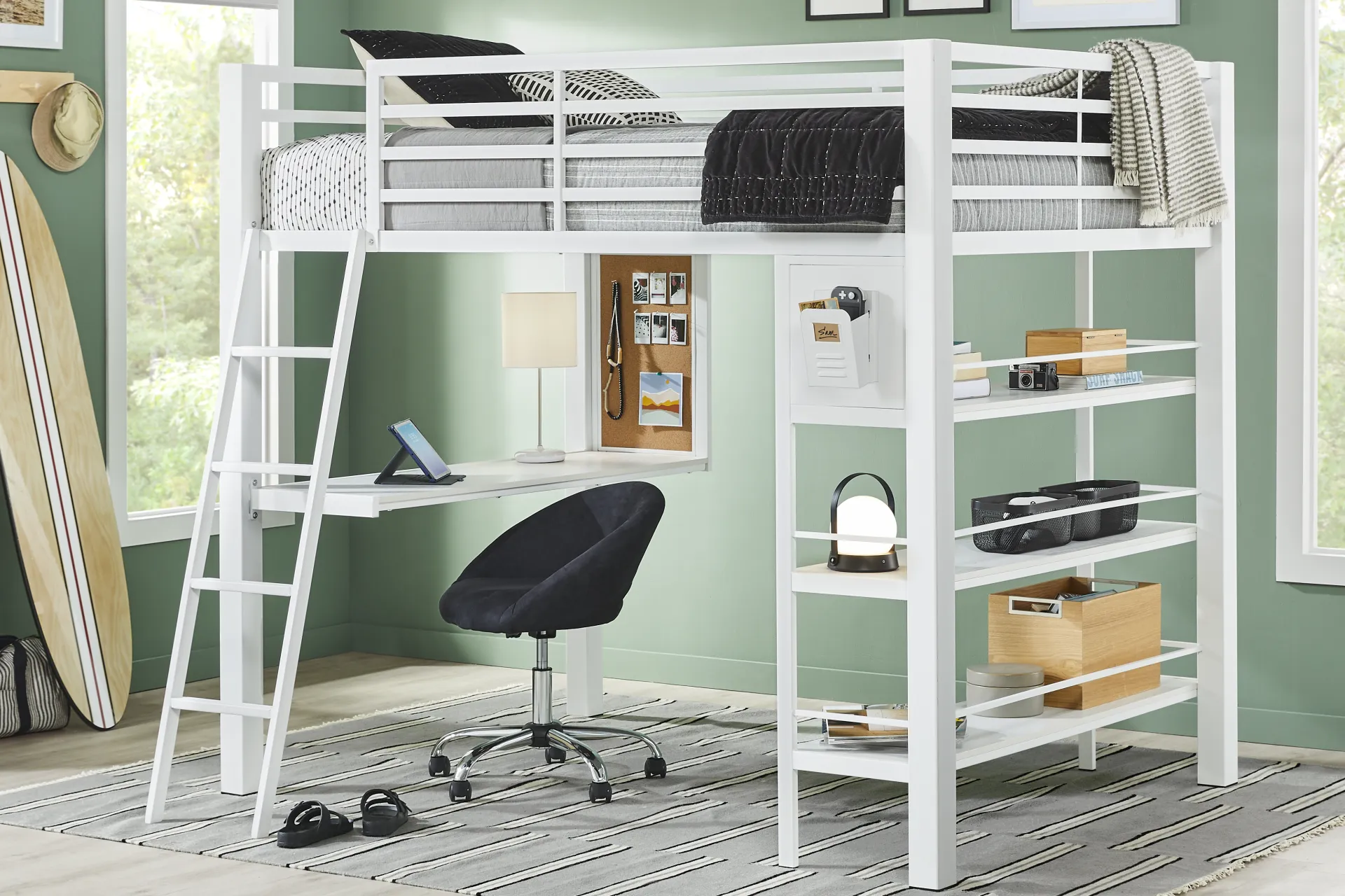 Kids Colefax Avenue White Twin Loft Bed with Desk and Bookcase - Image 1