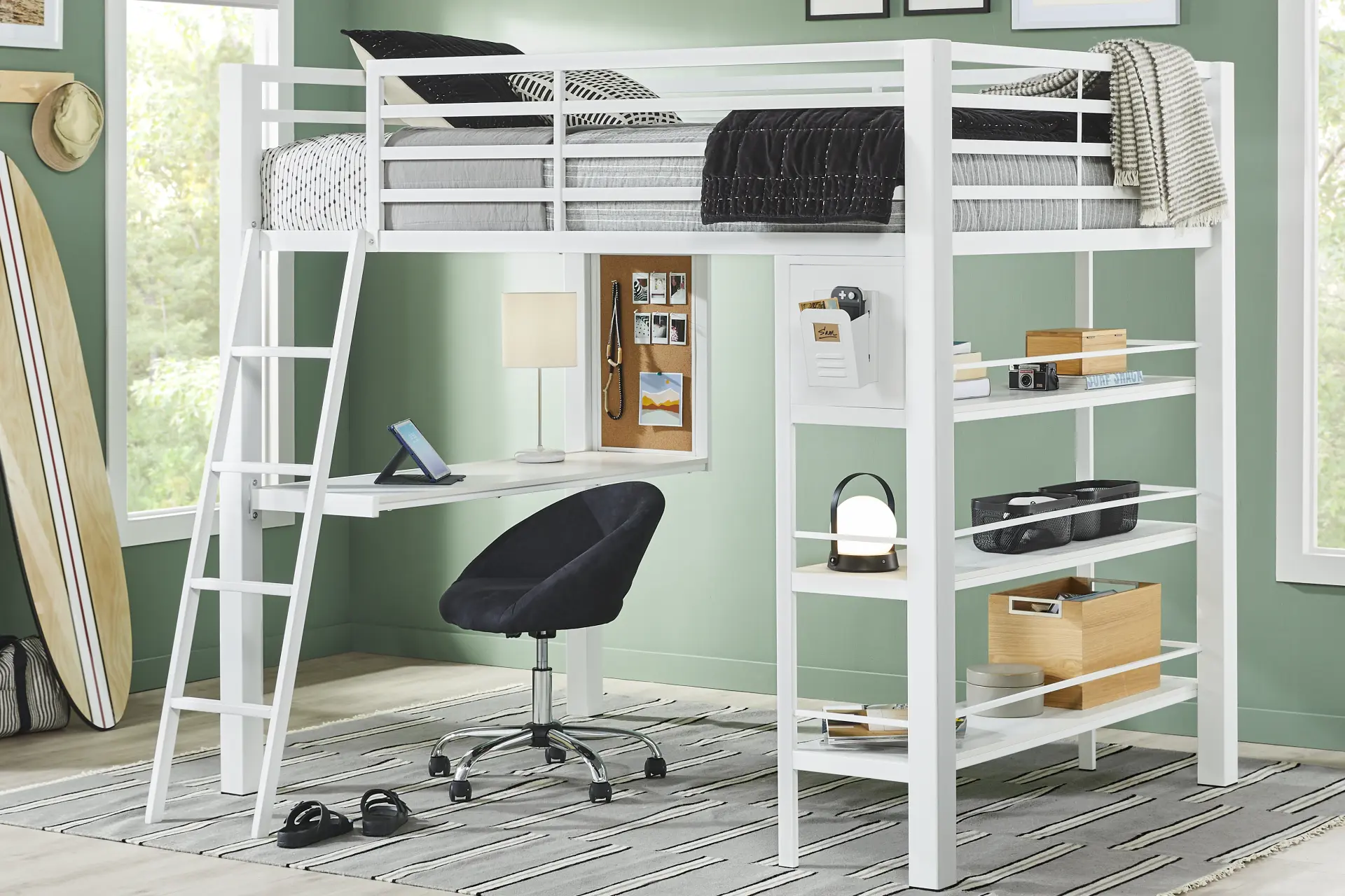 Kids Colefax Avenue White Twin Loft Bed with Desk and Bookcase