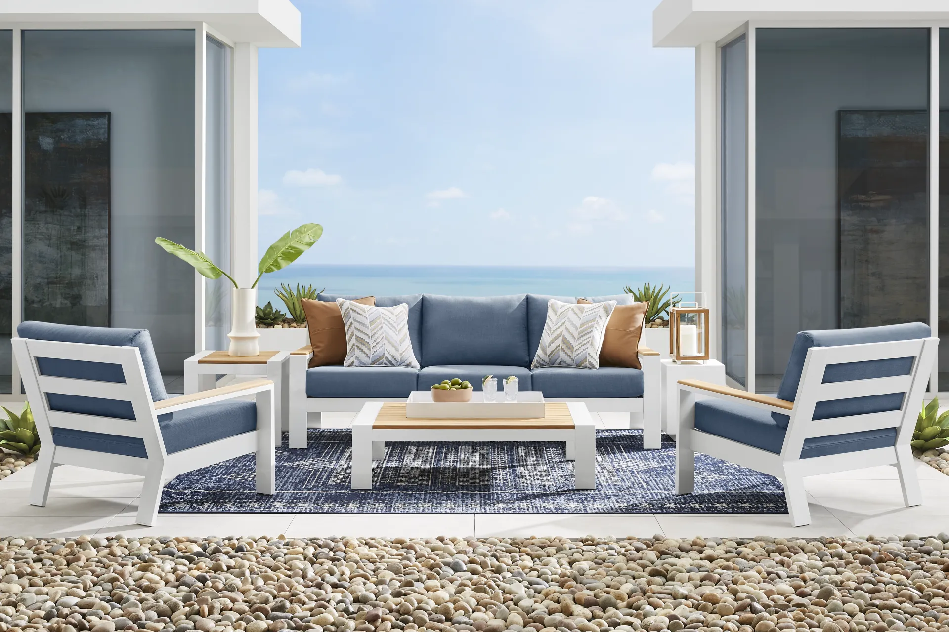 Solana White Outdoor Sofa with Blueberry Cushions - Image 1