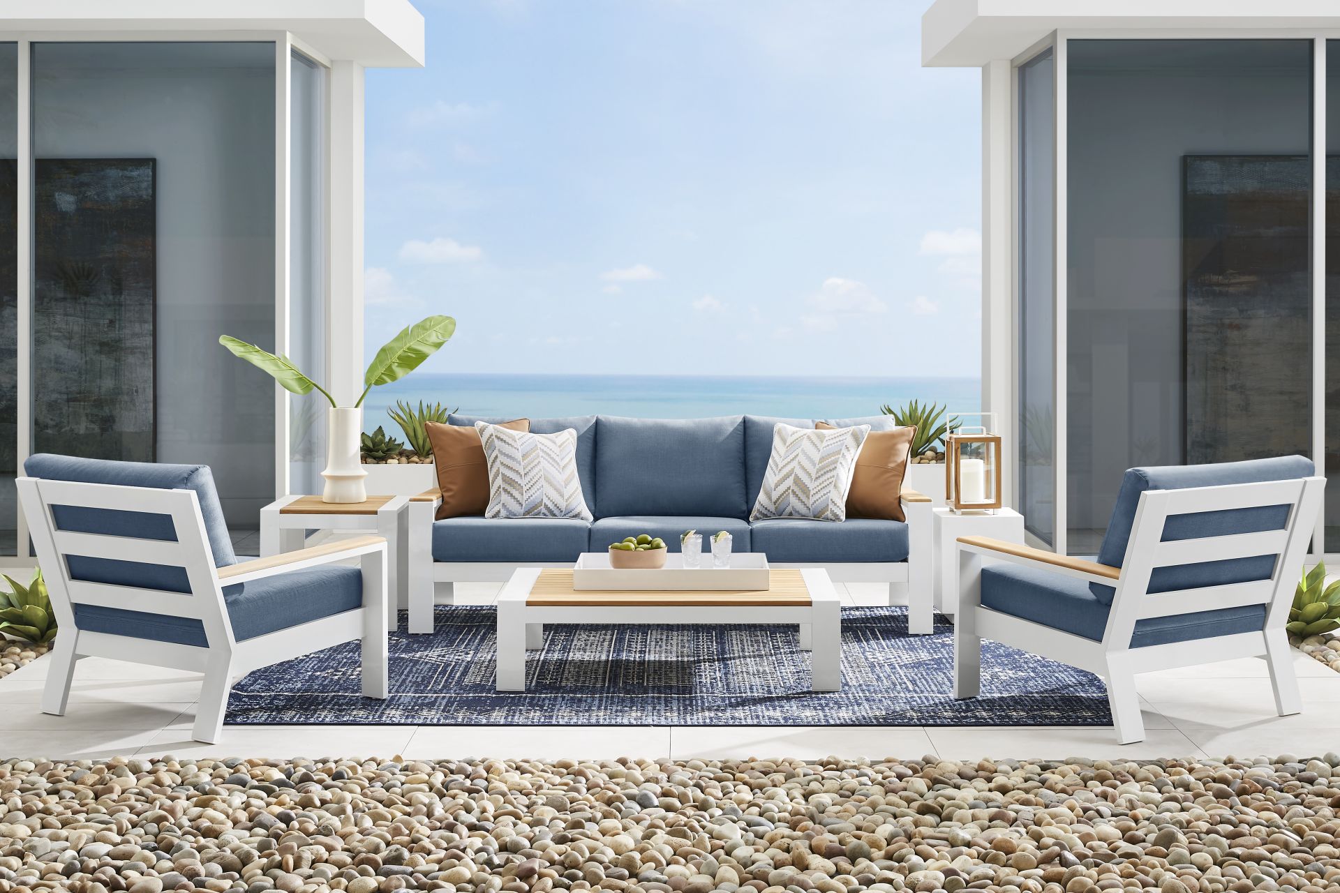Solana White 4 Pc Outdoor Sofa Seating Set With Blueberry Cushions - Image 1