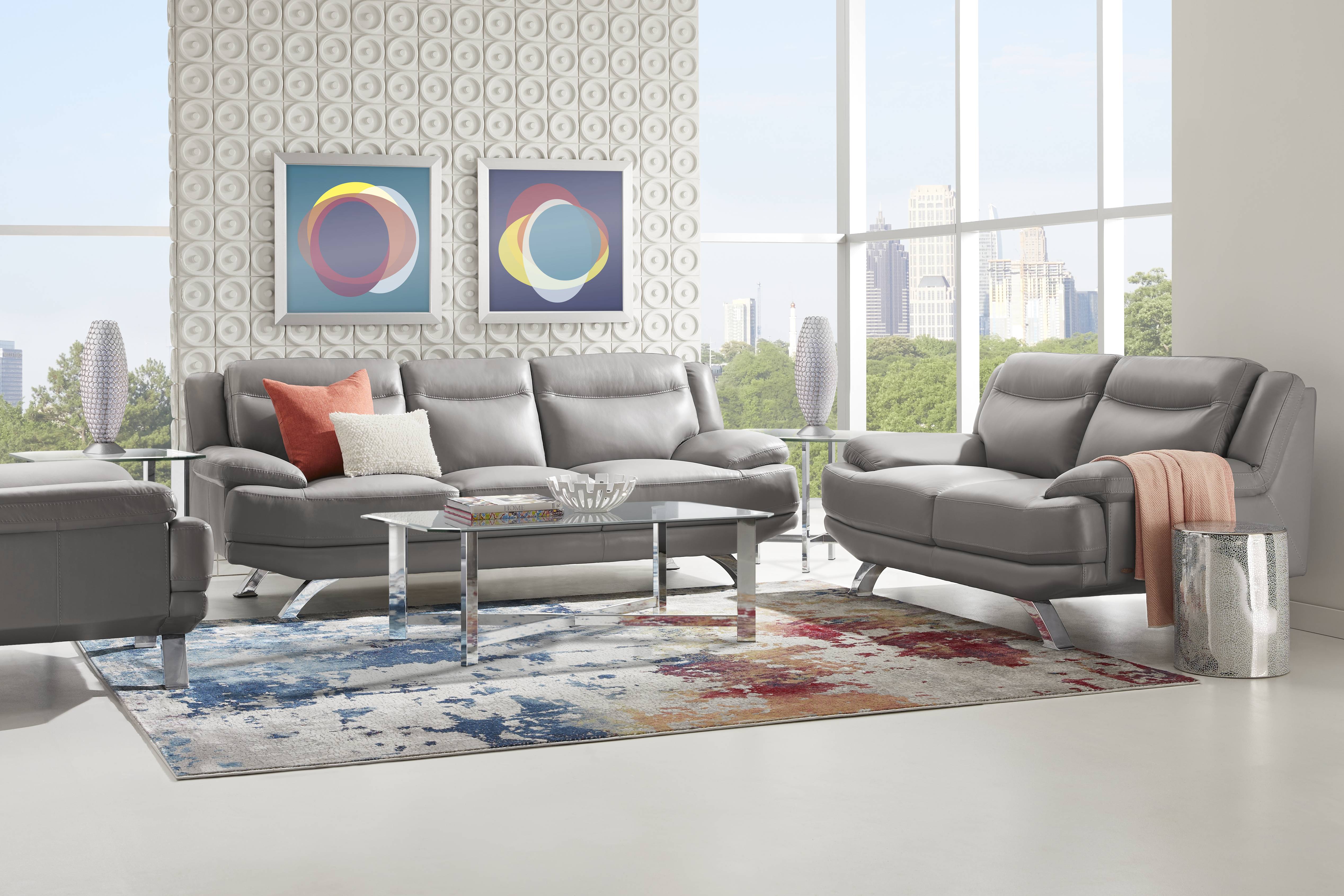 Zamora Gray Leather 7 Pc Living Room - Thumbnail - Image 1