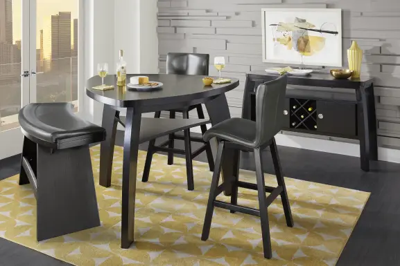 Cider Creek Chocolate 4 Pc Bar Height Dining Room With Gray Stools and Curved Bench