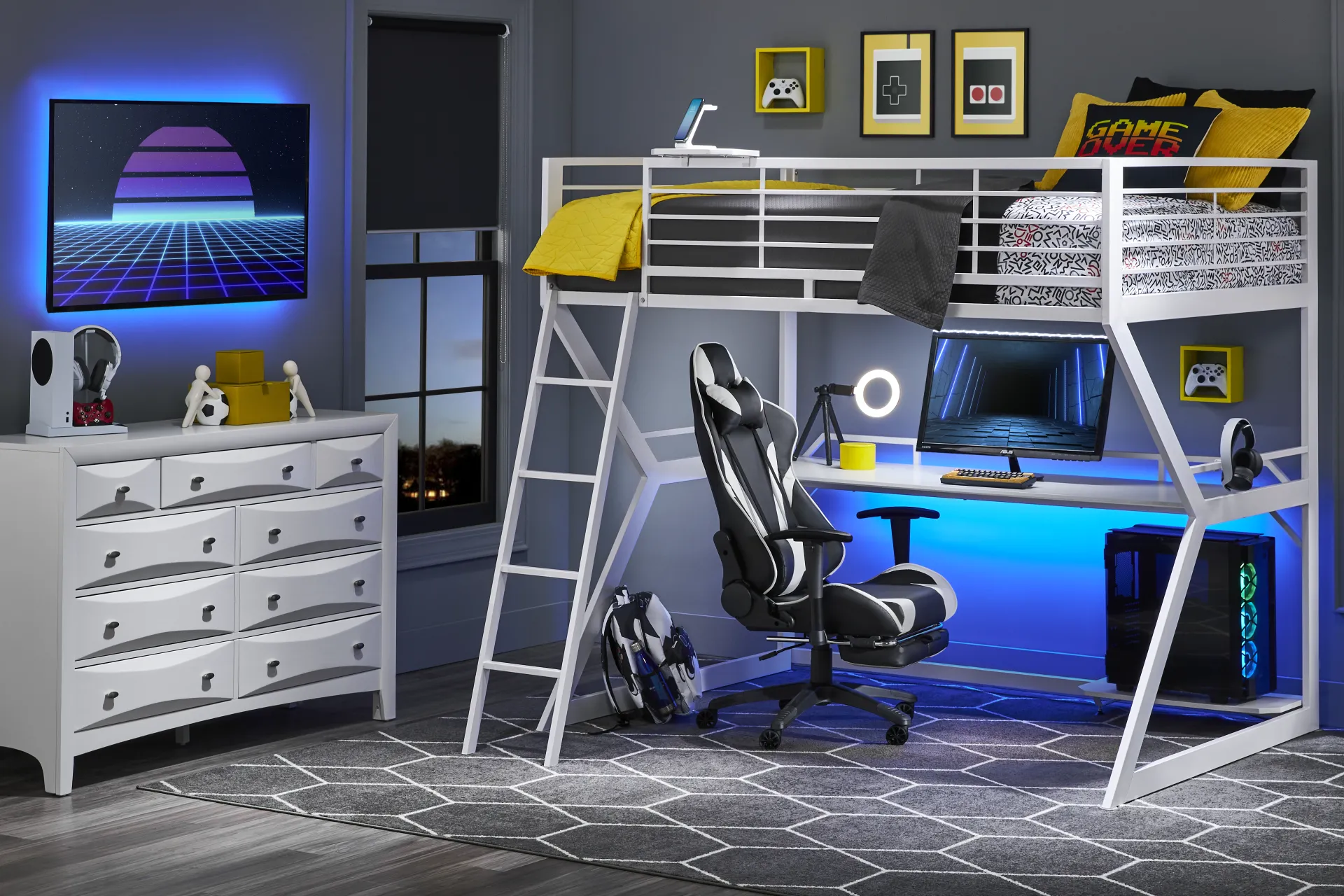 Kids Carbon Optix White Full Gaming Loft Bed with LED Lights and Accessories - Image 1