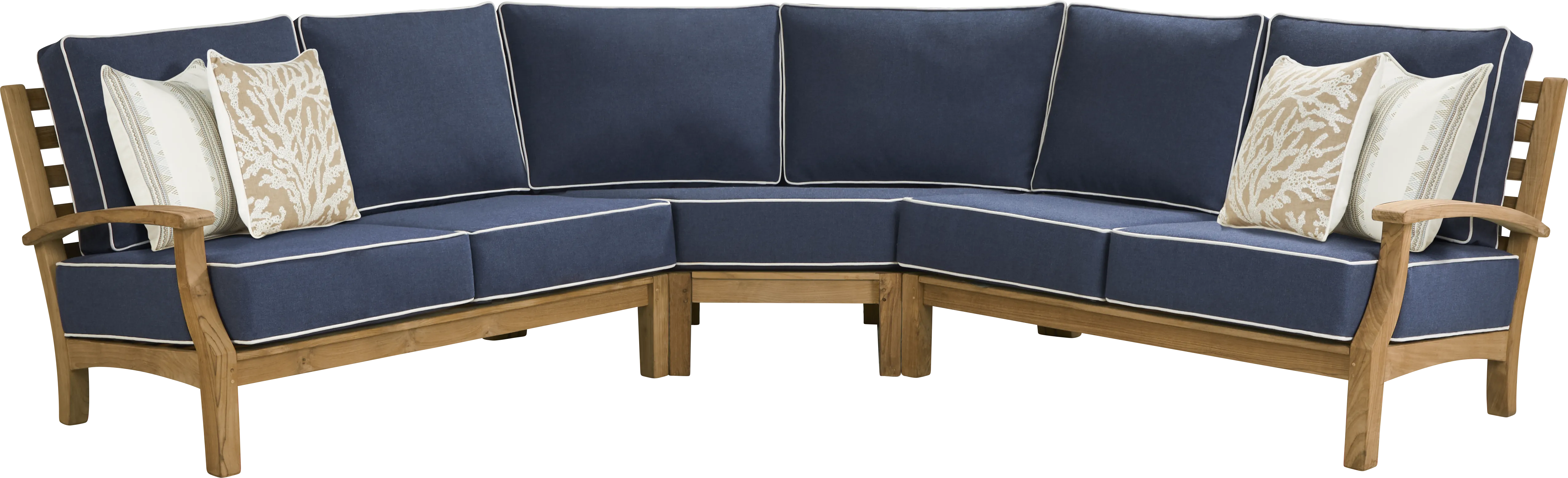 Pleasant Bay Teak 3 Pc Outdoor Sectional with Indigo Cushions - Thumbnail - Image 1