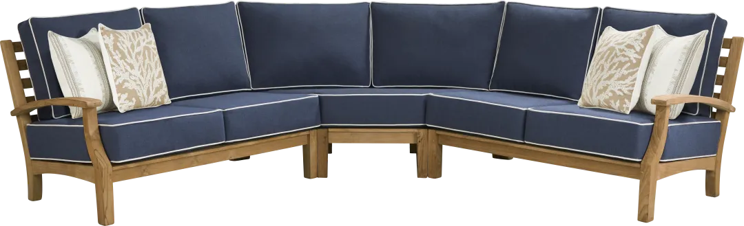 Pleasant Bay Teak 3 Pc Outdoor Sectional with Indigo Cushions