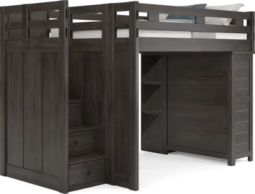 Kids Creekside 2.0 Charcoal Full Step Loft with Loft Chest and Bookcase