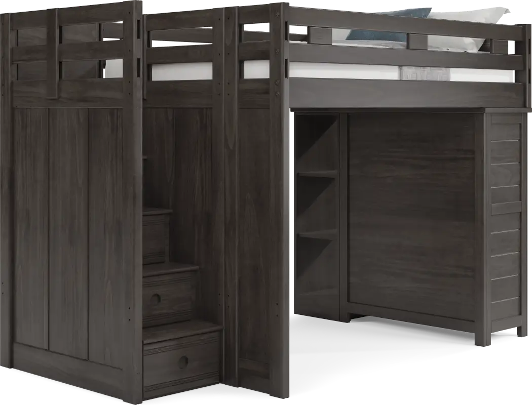 Kids Creekside 2.0 Charcoal Full Step Loft with Loft Chest and Bookcase