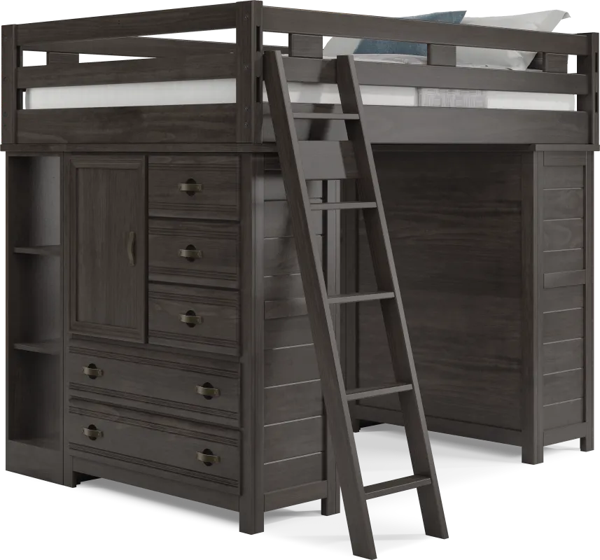 Kids Creekside 2.0 Charcoal Full Loft with 2 Loft Chests and 2 Bookcases