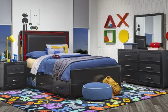 Kids Carbon Optix Black Full Bedroom with LED Lights