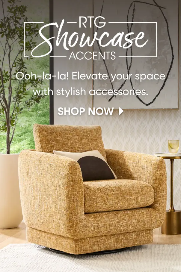 RTG Showcase Accents: Ooh-la-la! Elevate your space with stylish accessories. Shop now. A mustard yellow swivel chair.
